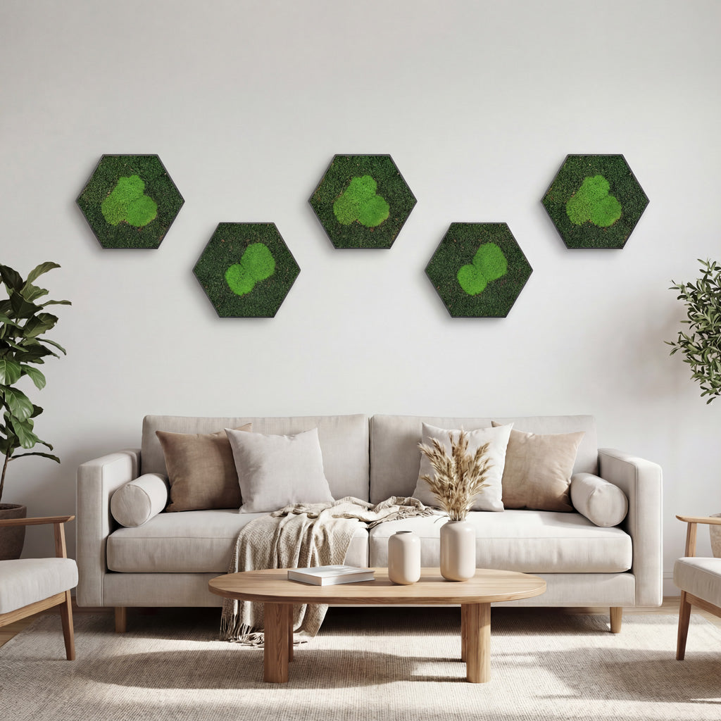 Moosbild - Hexagon 30 cm - Wald & Polstermoos - Mix Grün - PLA-Rahmen