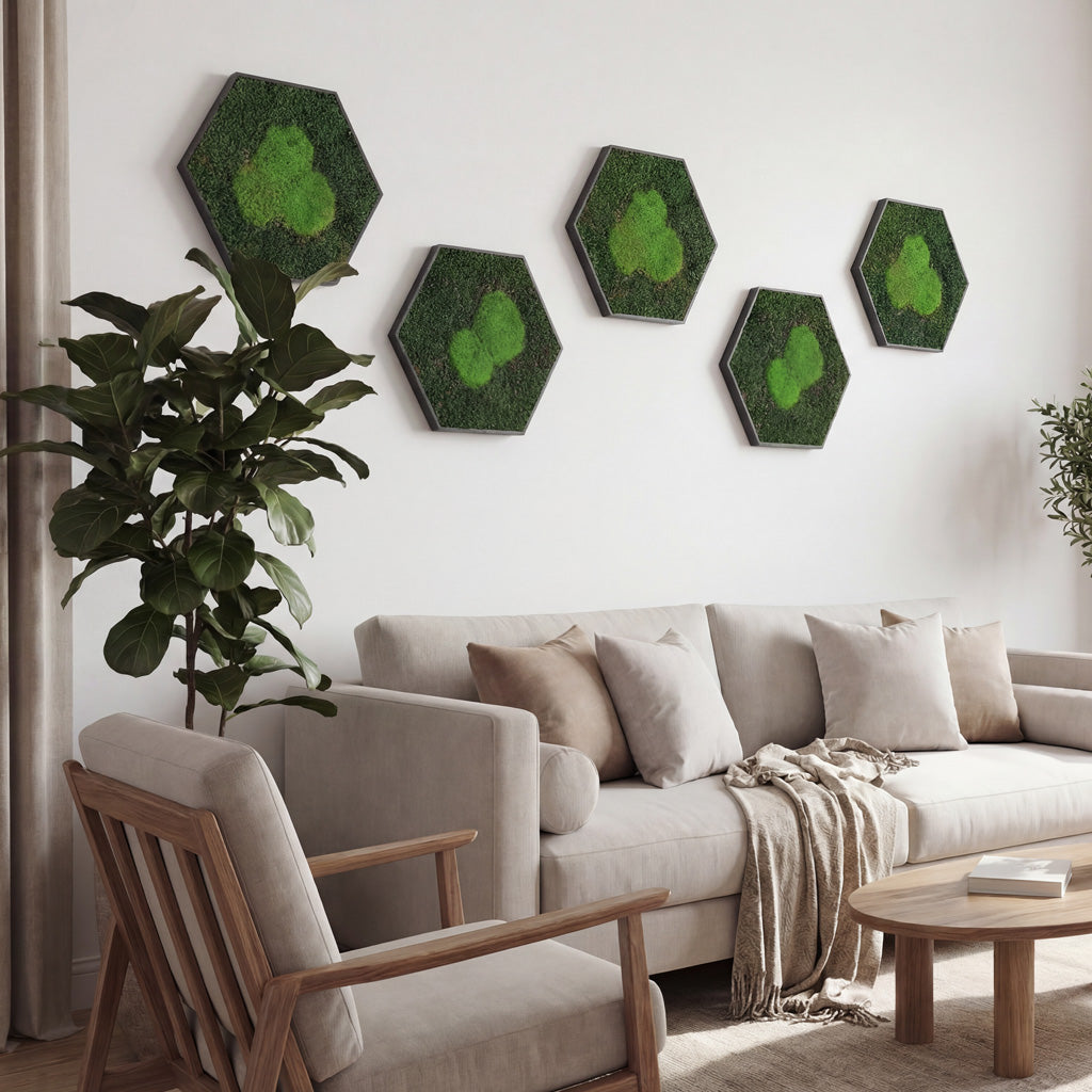 Moosbild - Hexagon 30 cm - Wald & Polstermoos - Mix Grün - PLA-Rahmen